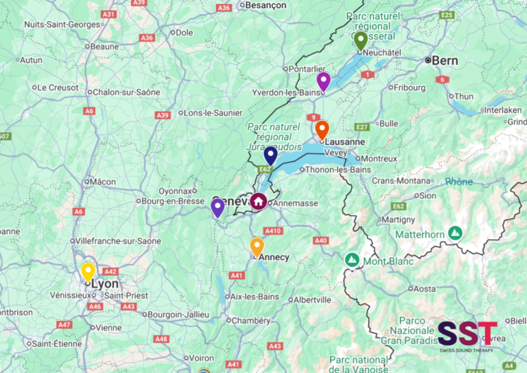Carte des participants aux formations en bains sonores Swiss Sound Therapy à Genève, Lausanne, Lyon, France voisine et Suisse romande.
